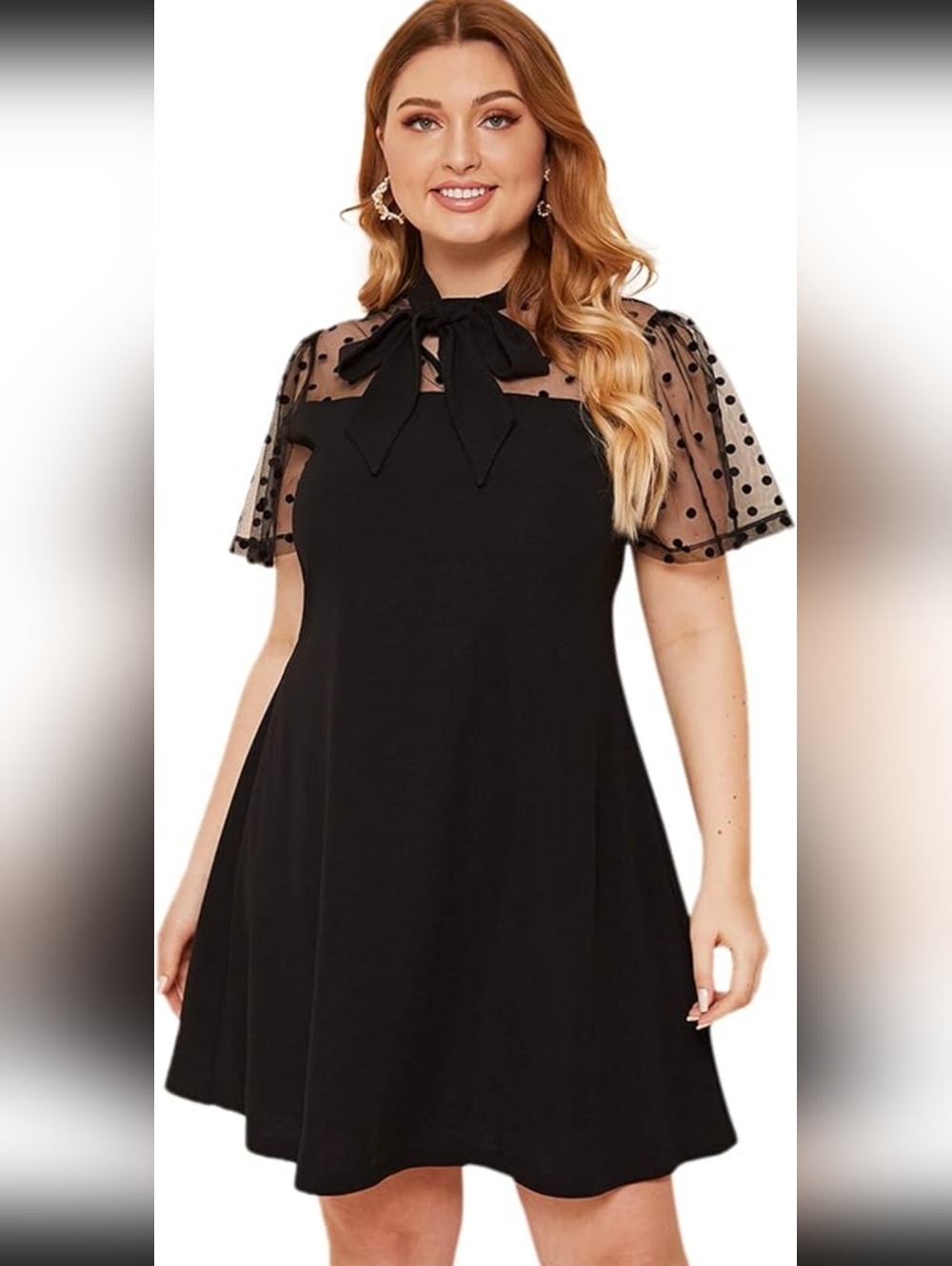 Romwe Plus Size Black Polka Dot Tie Neck Dress - Plus Size 3XL